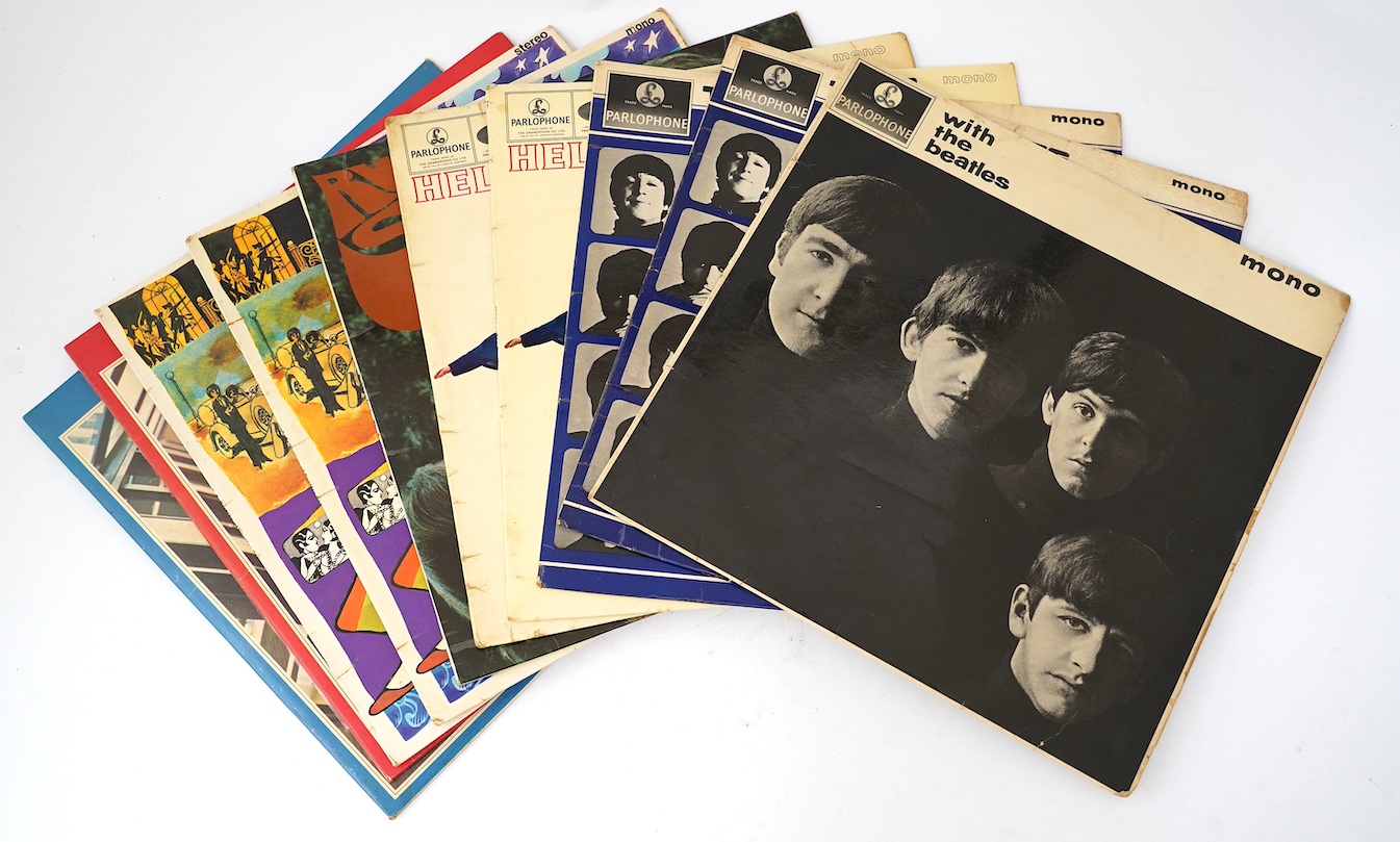 Ten The Beatles LP record albums; With The Beatles, PMC 1206, XEX.447, two copies of A Hard Day’s Night, both PMC 1230, XEX.481, two copies of Help!, PMC 1255, XEX.549 and PMC 1255, XEX.550, Rubber Soul, PMC 1267, XEX.57